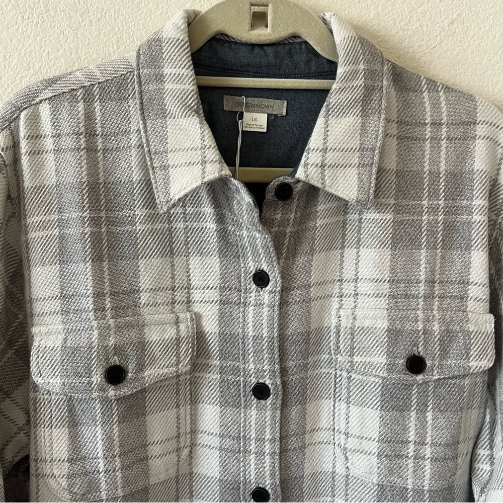 NWT Outerknown Blanket Shirt Dress Organic Cotton Plaid Grey White L - Picture 8 of 16